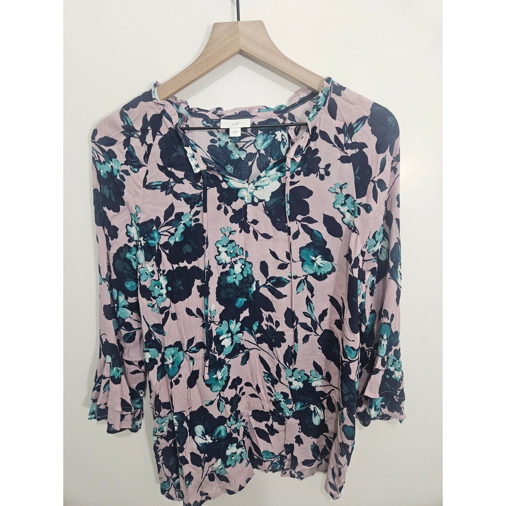J. Jill Floral Rayon Blouse Lavender Navy Blue Ruffle Sleeve Tie Neck Top Medium